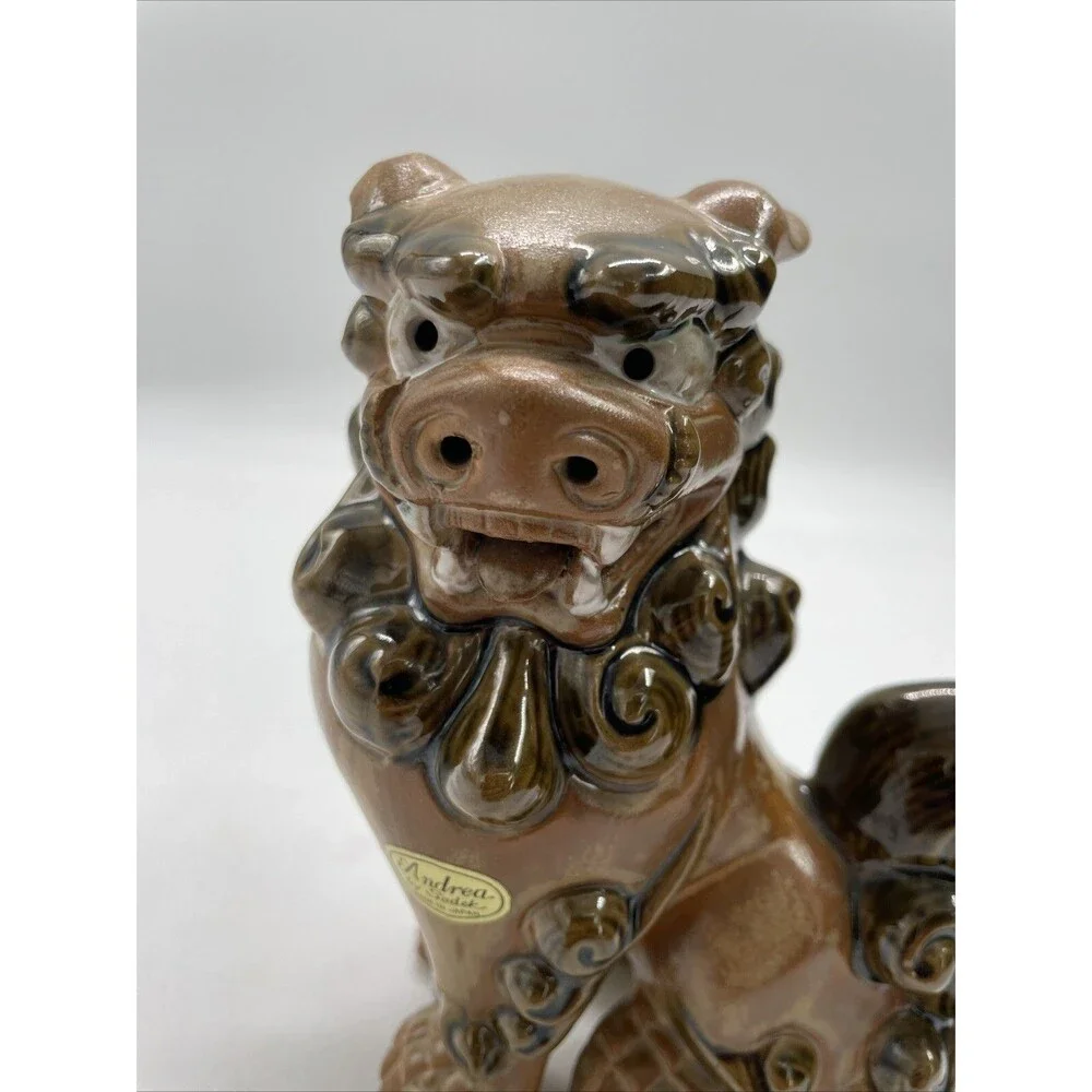 Pair 2 Andrea Sadek Brown Ceramic Asian Foo Dog Lion Figure Dragon Statue Japan